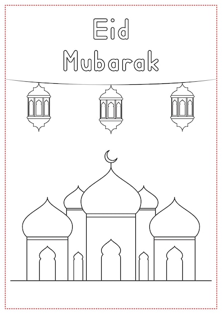 Premium vector children learning printable coloring eid mubarak mosque with lantern