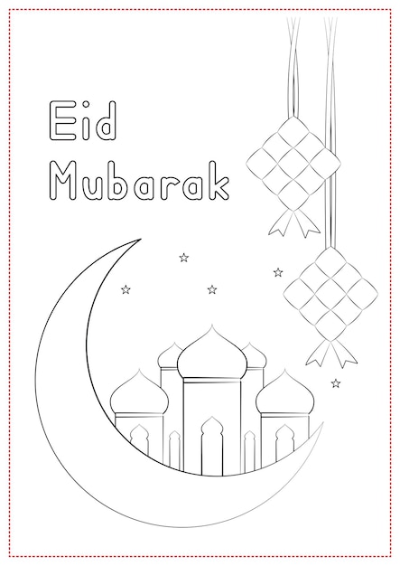Premium vector children learning printable coloring islamic mosque and ketupat for ramadan festival