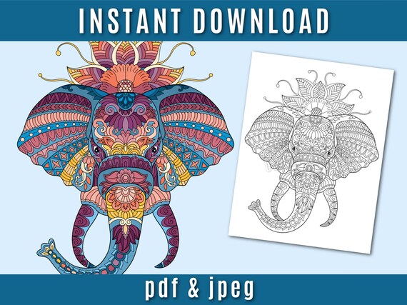 Elephant zentangle coloring page printable adult coloring pages instant download pdf animal antistress mandala