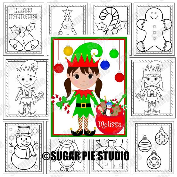 Elf christmas coloring book stocking stuffer party favor personalized x pdf or jpeg printable