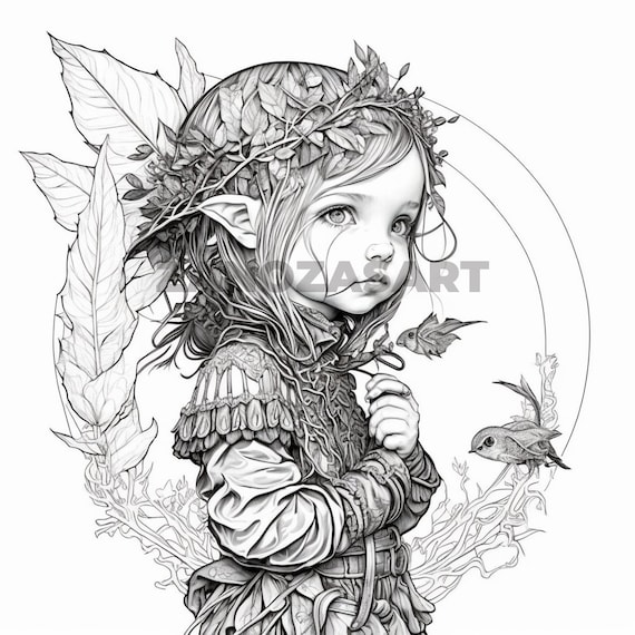 Grayscale little girl elf coloring page printable coloring book page grayscale coloring pages for kids and adults ai generated image download now