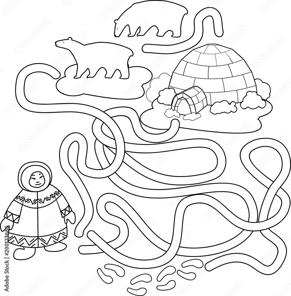 Coloring page help the eskimo find the way to igloo vector