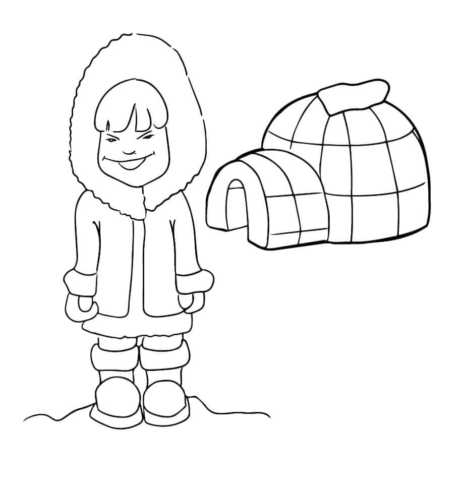 Funny boy with igloo coloring page