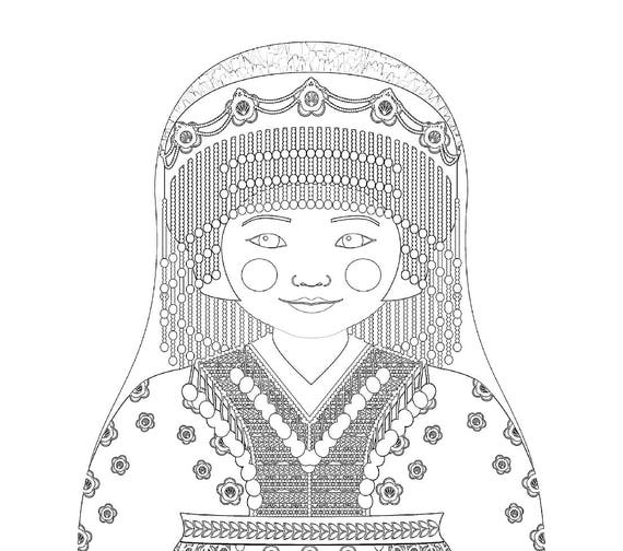 Hmong coloring sheet printable file traditional folk dress matryoshka doll