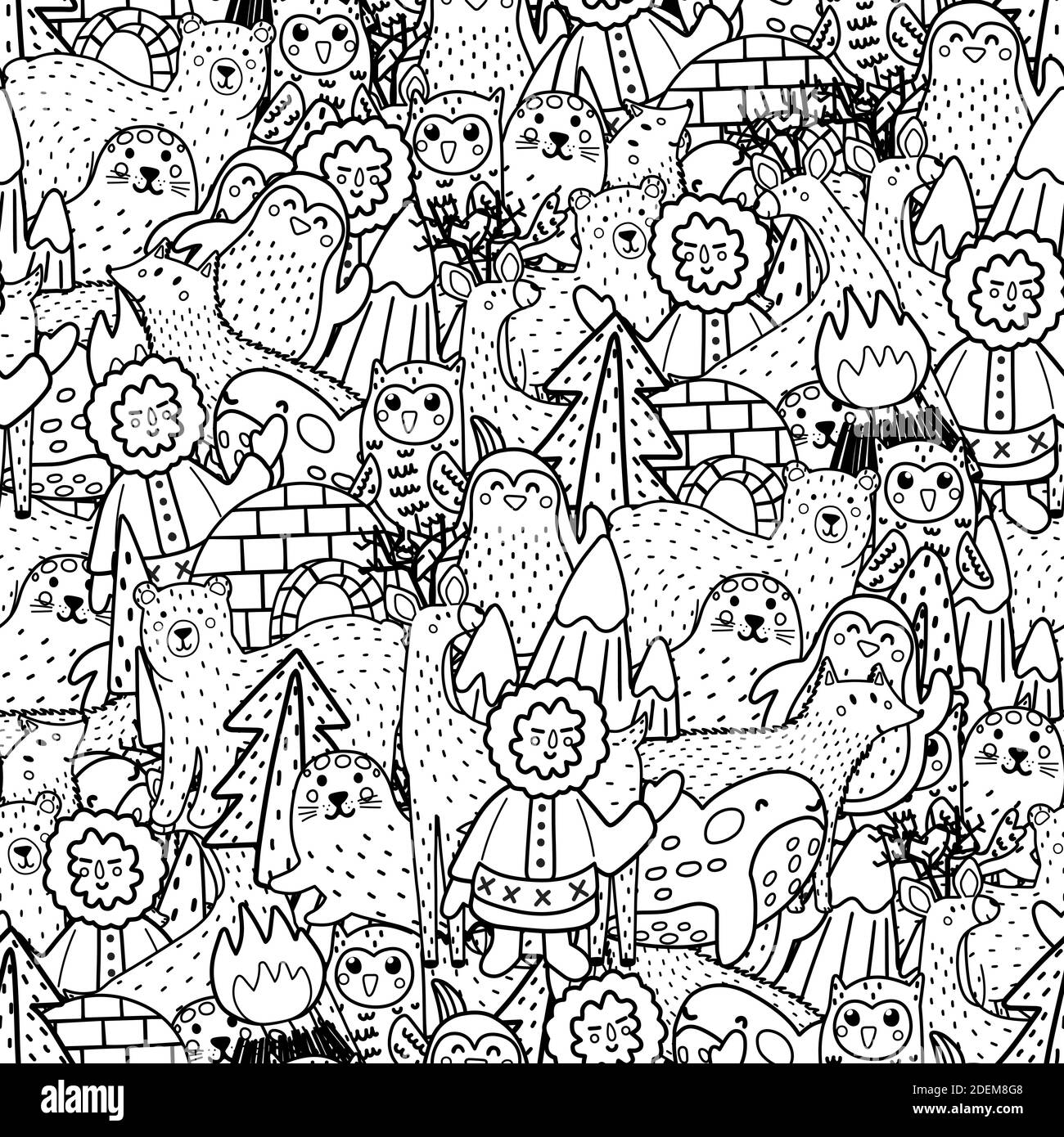 Arctic animals black and white seamless patterns funny coloring page for adults and kids stock vector image art