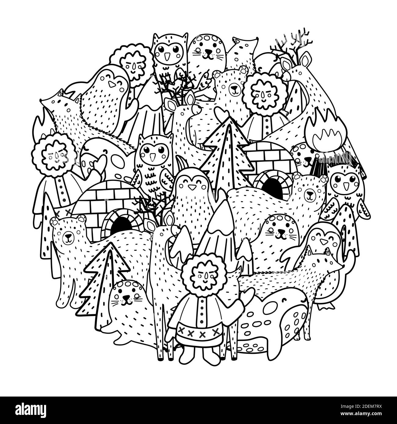 Arctic animals circle shape pattern for coloring book black and white print stock vector image art