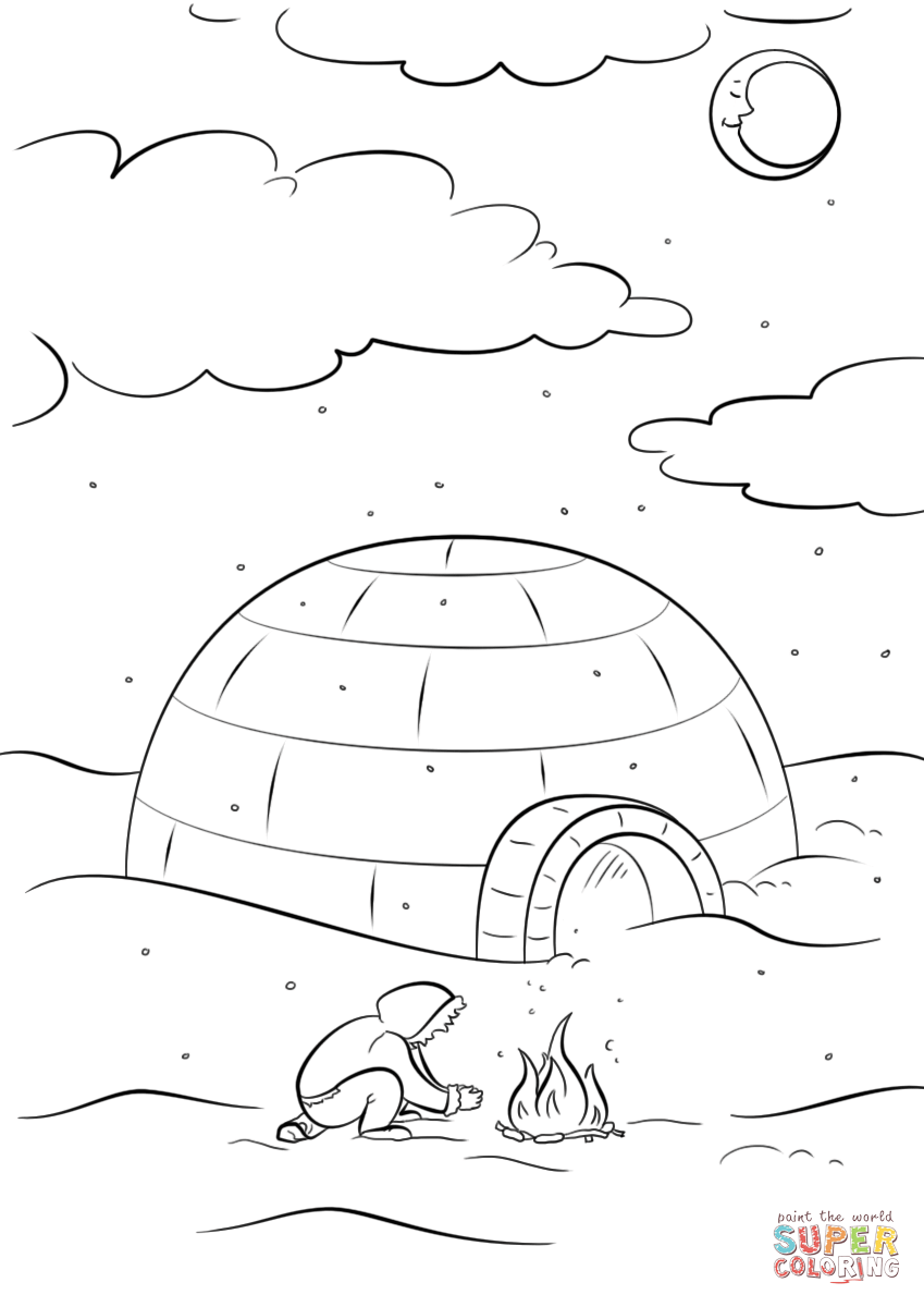 Inuit sitting by a bonfire in front of igloo coloring page free printable coloring pages