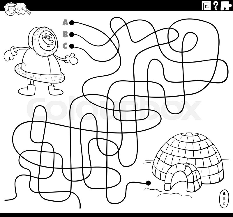 Maze with eskimo character and igloo coloring book page stock vector