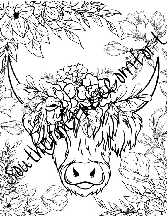 Printable highlander cow coloring sheet floral cow coloring page