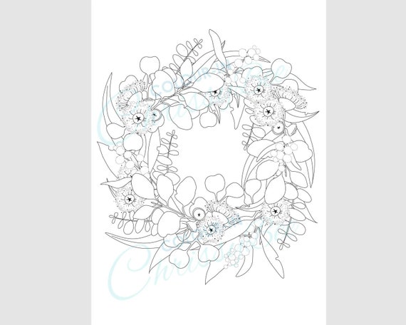 Christmas wreath coloring pages australian wildflower colouring page for adults eucalyptus leaves blossom printable instant download download now