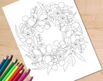 Christmas wreath coloring pages australian wildflower colouring page for adults eucalyptus leaves blossom printable instant download download now