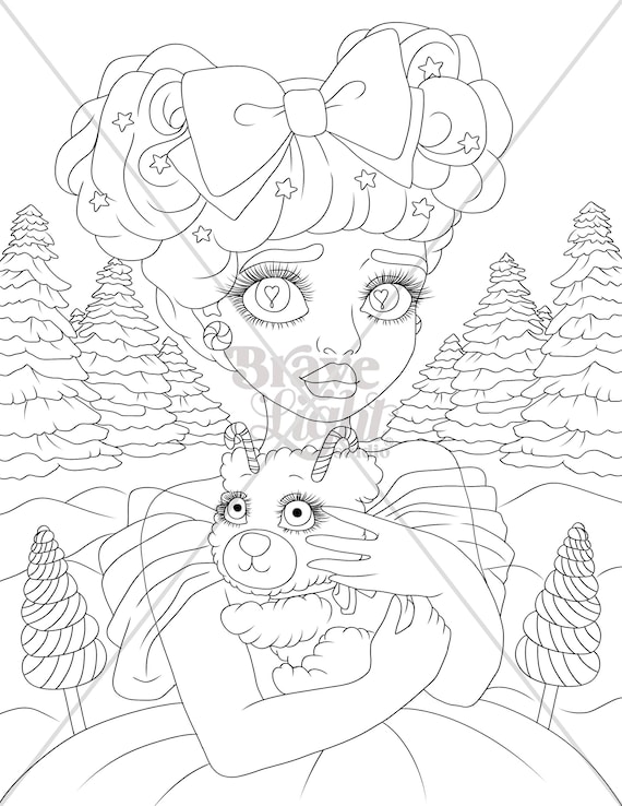 Coloring page x digital download printable adult children craft activity bravelight studio winter cute pop surrealism lowbrow art