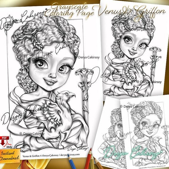 Venus and griffon premium coloring page grayscale mythological big eyed character illustration printable instant download darklightframed
