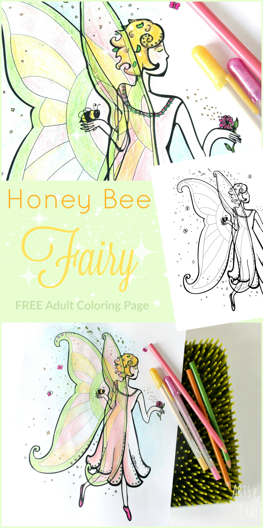 Honey bee fairy adult coloring page