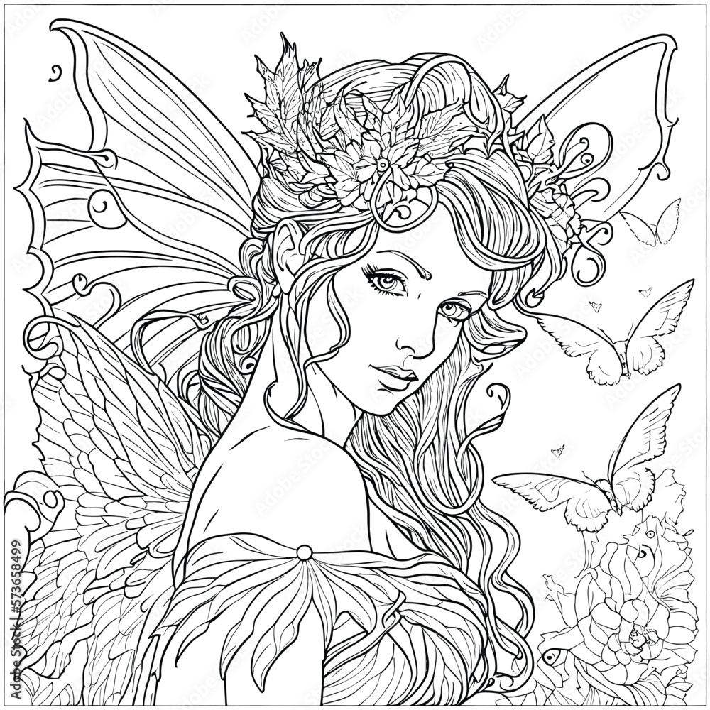 Beautiful fairy adults coloring page line art vector