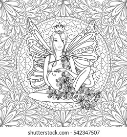 Adult coloring book page fairy pregnant stock illustration