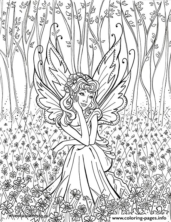 Contemplative fairy adult coloring page printable