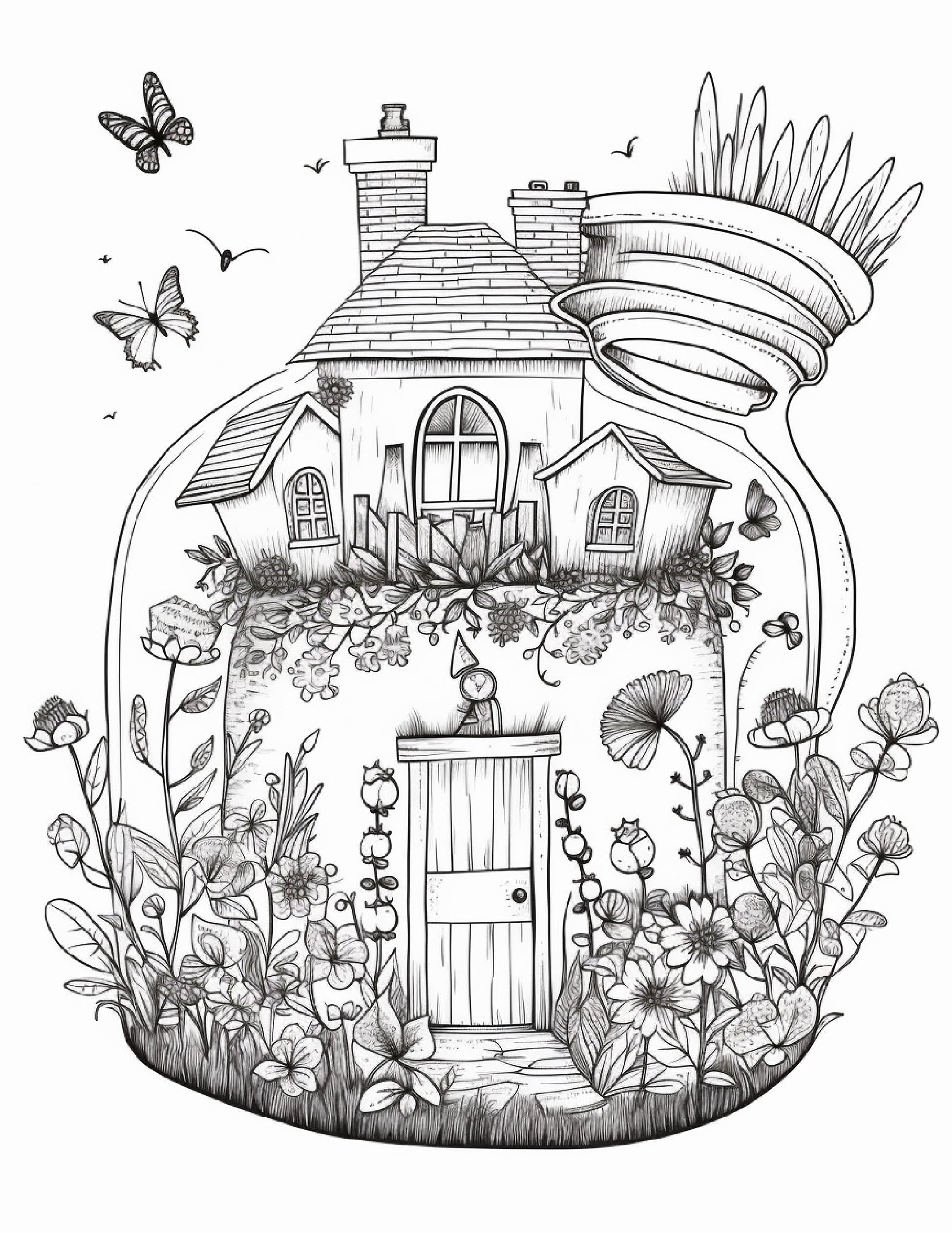 Printable fairy houses in jar coloring pages for adults grayscale â coloring