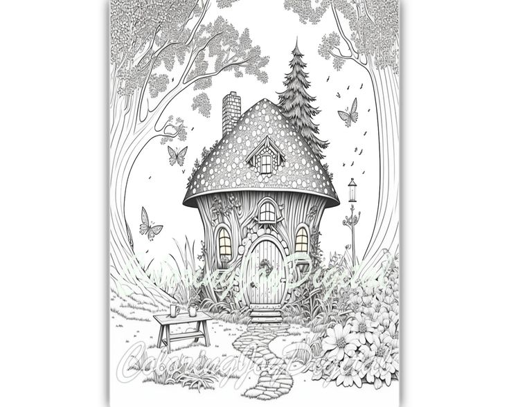 Fairy houses coloring pages grayscale coloring pages fairy garden coloring pages printable adult coloring pages pdf coloring pages