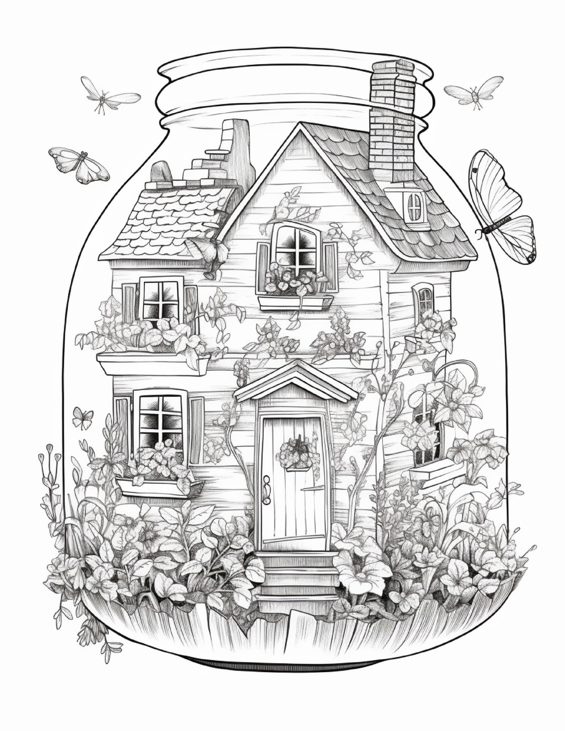Printable fairy houses in jar coloring pages for adults grayscale â coloring