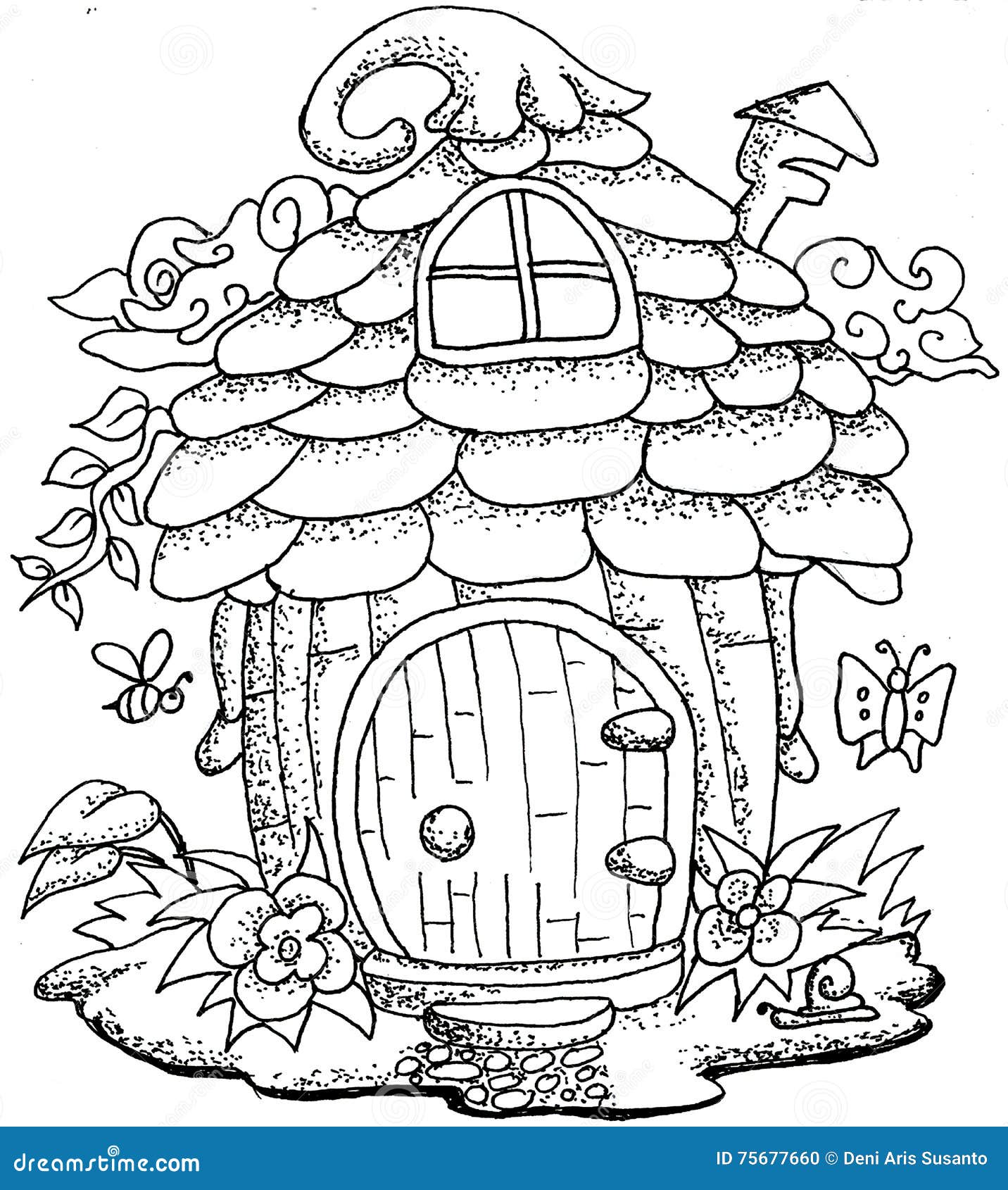 Cute fairy tale doodle mushrooms house for coloring book for adult stock vector