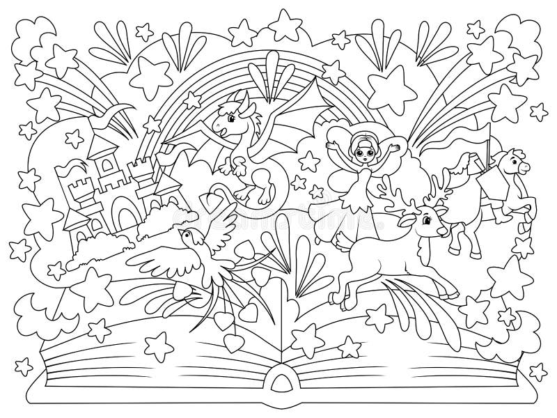 Magic book of fairy tales with fairy tale characters coloring book page animals cartoon stock vector