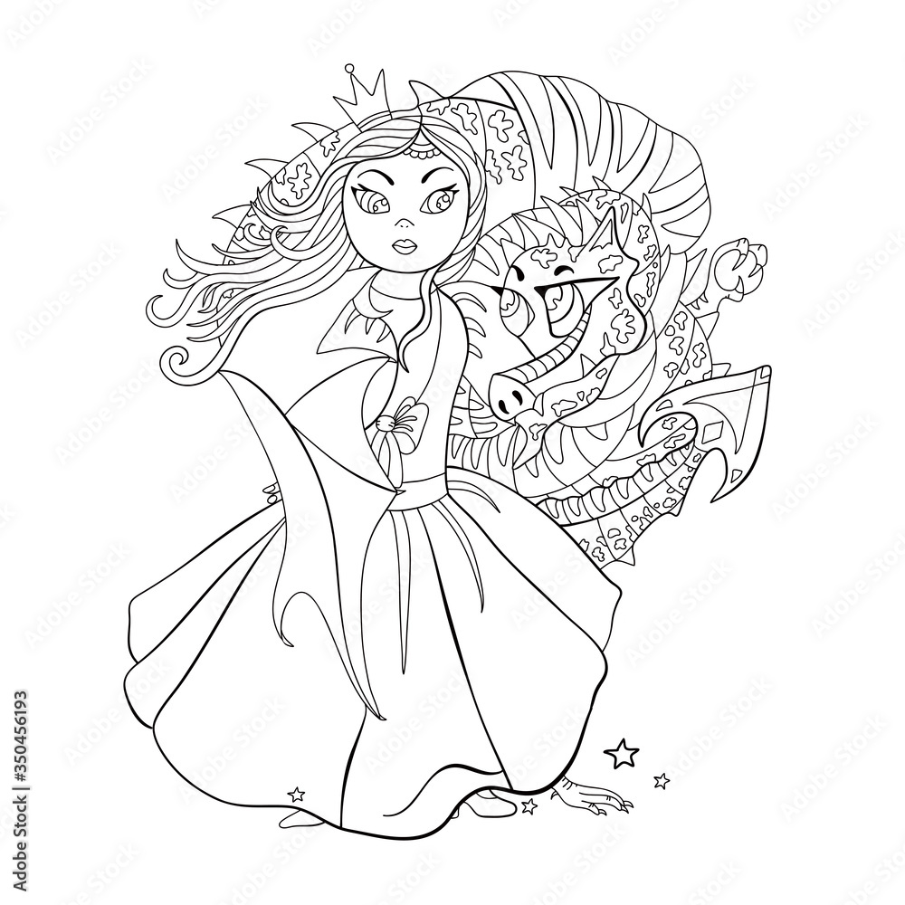 Princess and dragon fairy tale fantasy illustration coloring book print vector illustration vector