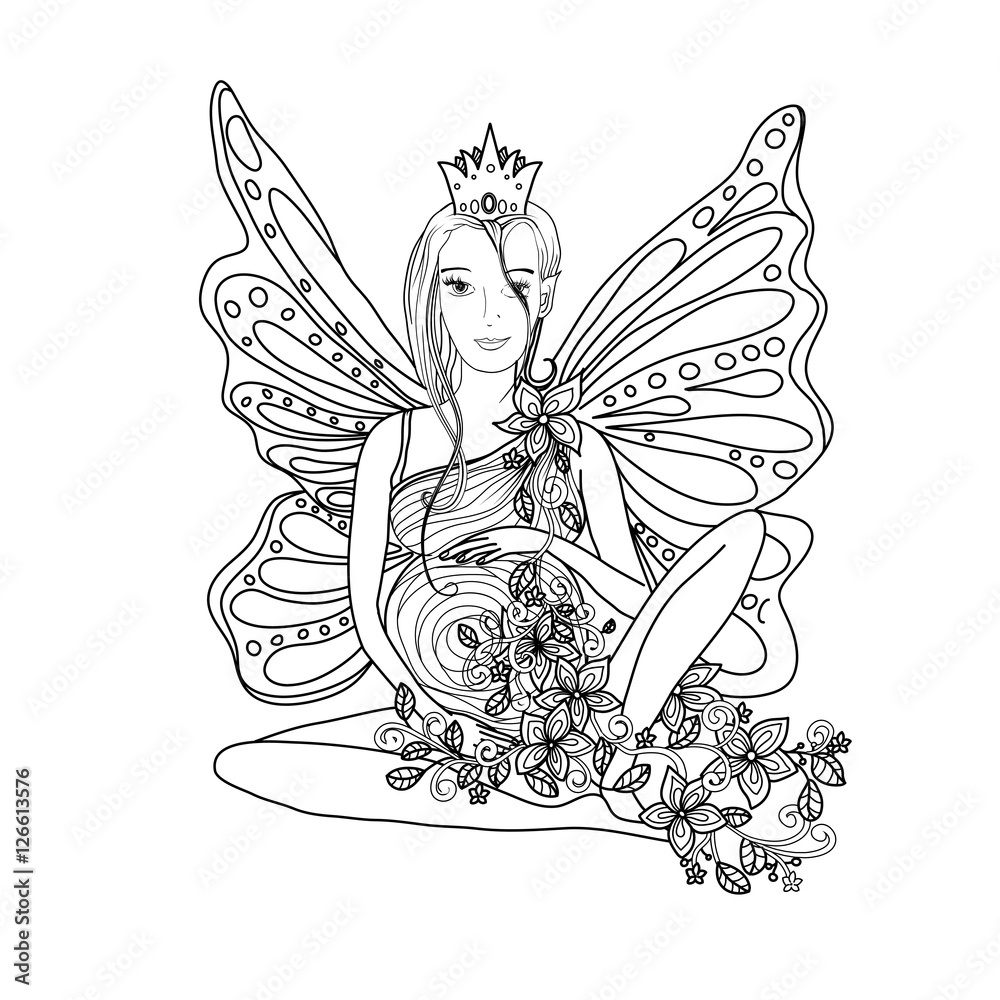 Adult coloring book page with fairy pregnant lady with butterfly wings pregnancy in zentangle style art black and white monochrome vector illustration or print design vector