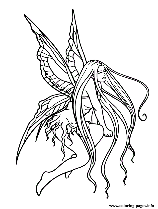 Long hair fairy with wings coloring page printable