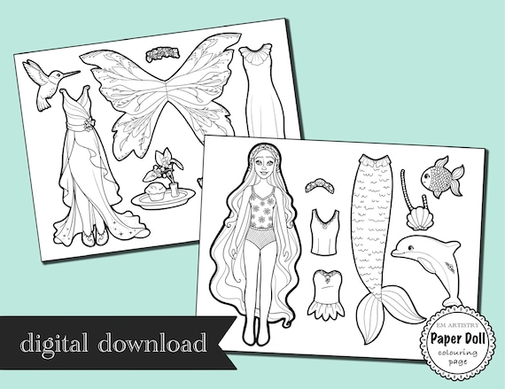 Paper doll digital fairy wings mermaid tail colouring pages for kids party favors for kids coloring pages fairy coloring page download now