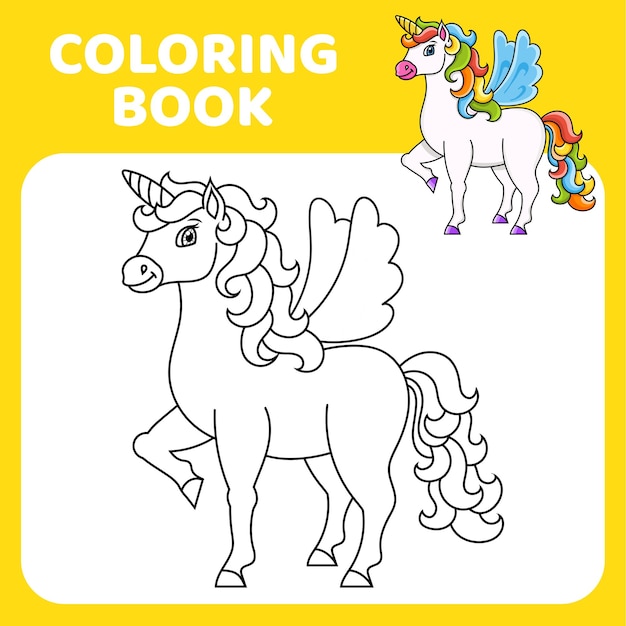 Premium vector cute unicorn with wings magic fairy horse coloring book page for kids