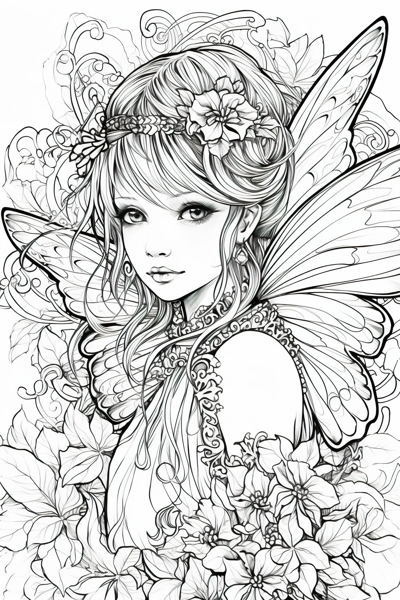 Premium photo a girl with a butterfly wings and flowers in her hair ai generative image coloring book pattern