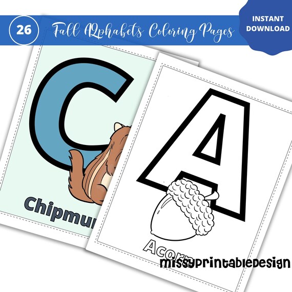 Abc alphabet coloring pages fall themed printable alphabets instant download
