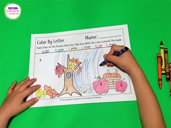 Free fall color by letter preschool printable activity
