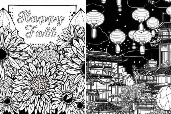 Fall coloring pages for both kids and adults