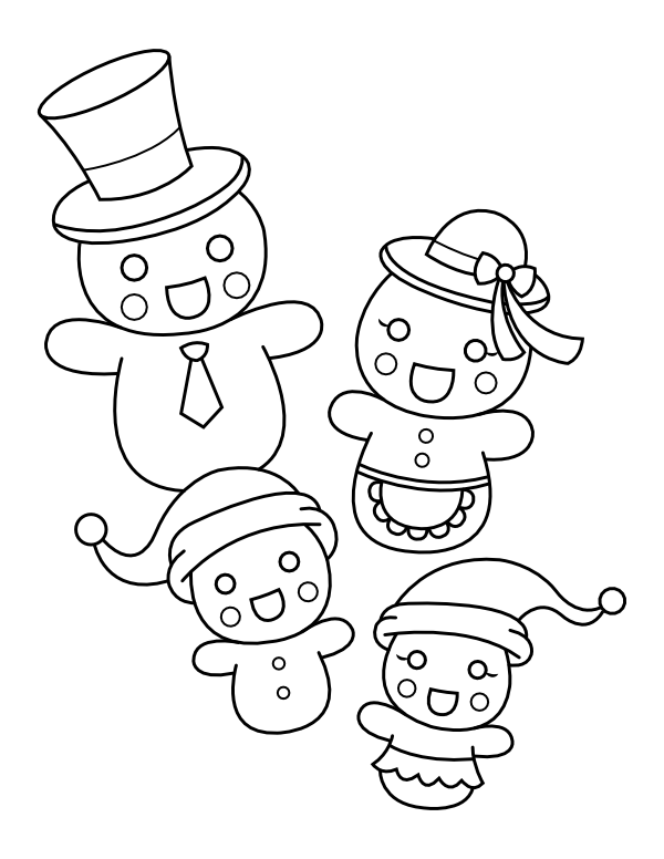 Printable happy snowman family coloring page