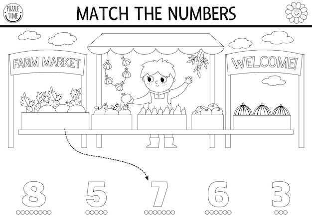 Premium vector match the numbers farm black and white game with farm market vendor rural country math activity for preschool kids on the farm educational printable counting worksheet or coloring page