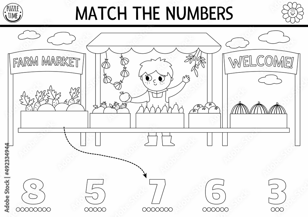 Match the numbers farm black and white game with farm market vendor rural country math activity for preschool kids on the farm educational printable counting worksheet or coloring page vector
