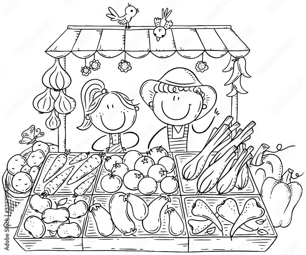 Farmers selling organic vegetables at the market coloring page vector