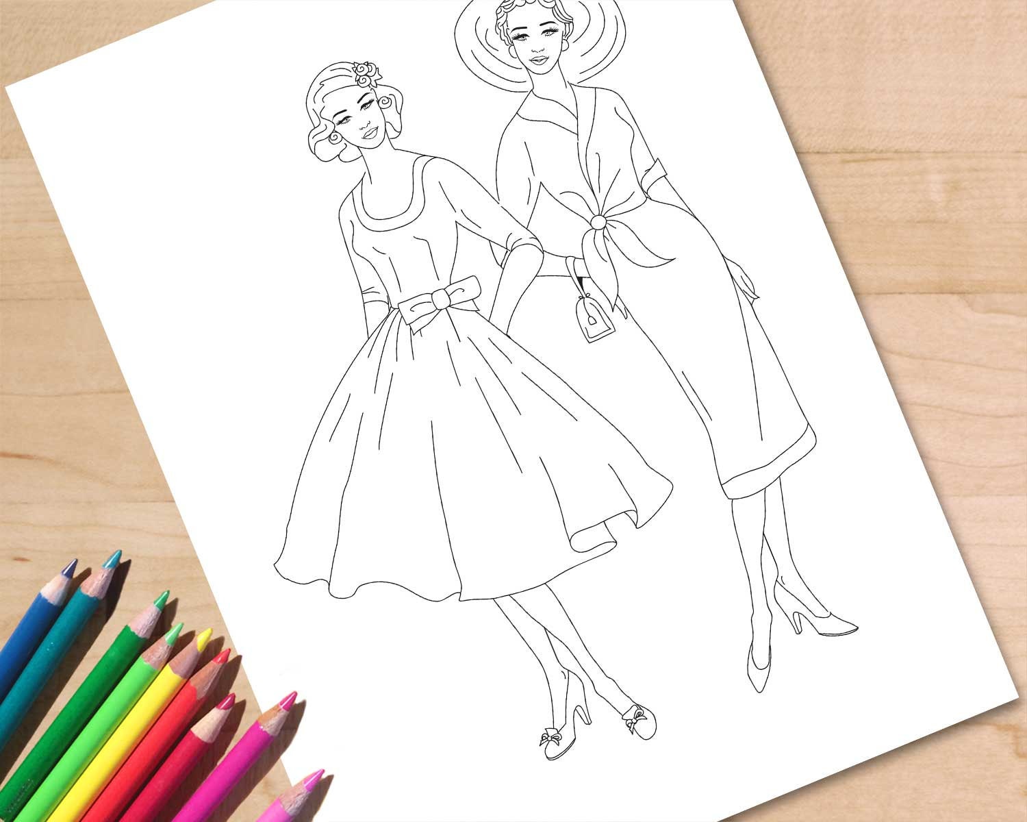 Fashion coloring page printable adult coloring page dress vintage woman