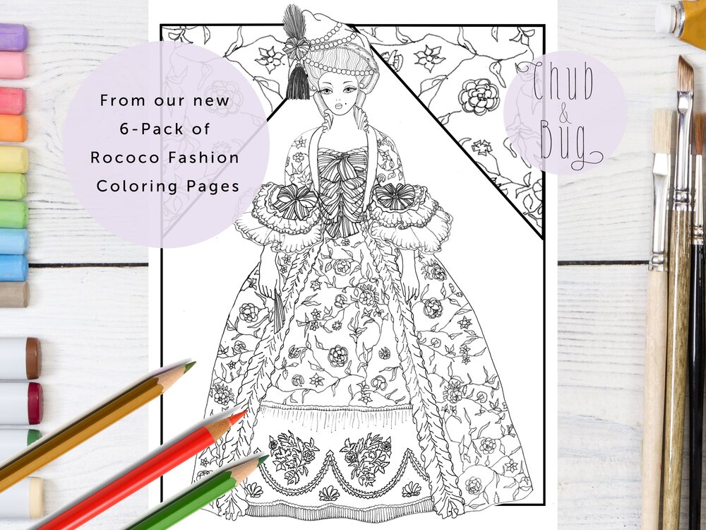 Free printable rococo fashion coloring page â chub and bug illustration wall art and school supplies for kids and babies