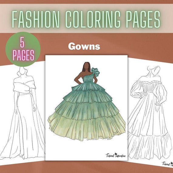 Fashion design coloring pages set of coloring template gown design dress printable for adults coloring book fashion figure template