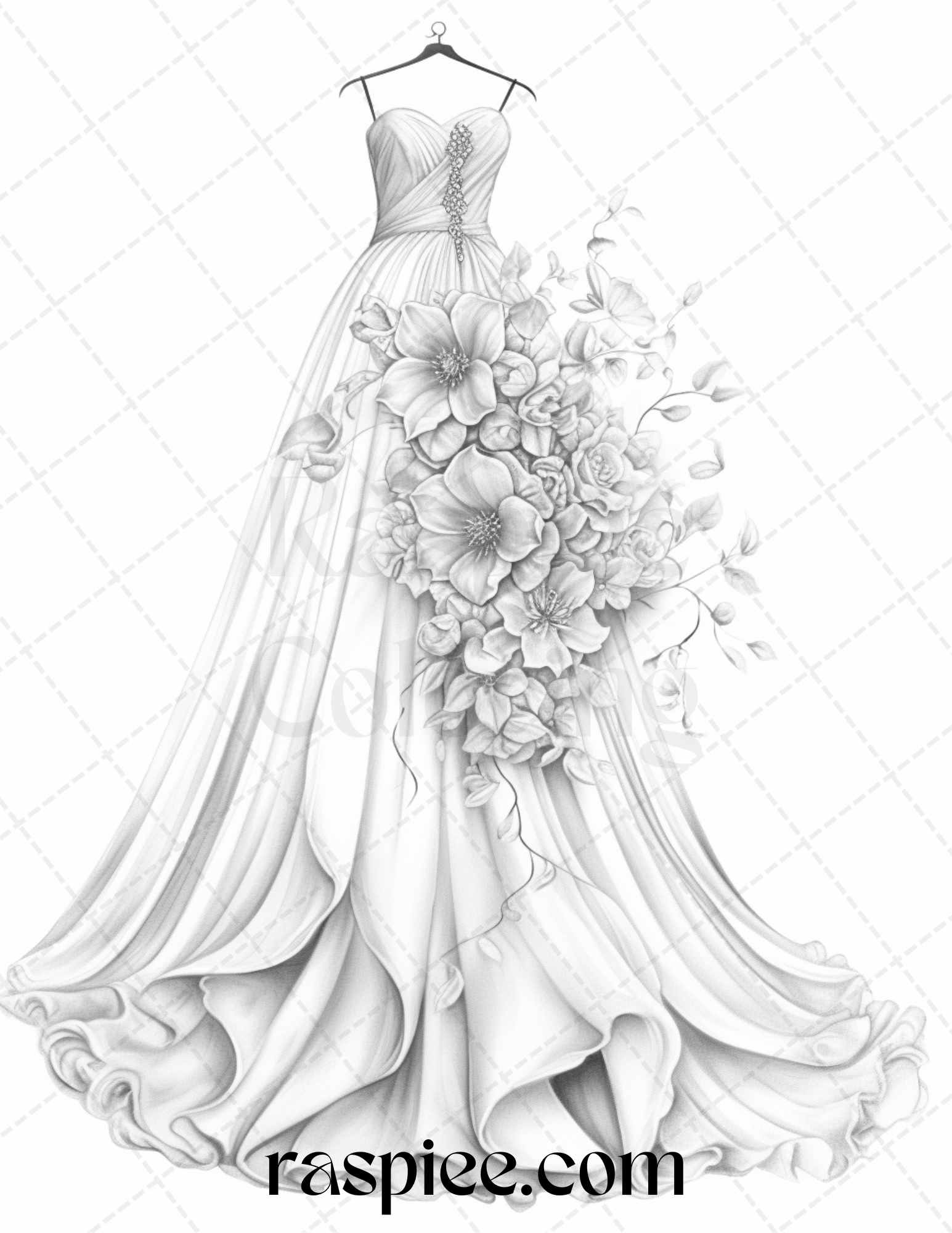 Elegant floral wedding dresses grayscale coloring pages printable f â coloring