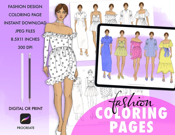 Fashion illustration coloring pages for teens adults kids spring fashion digital download printable art fashion girls paper dolls