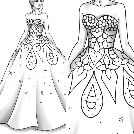 Printable coloring page fashion and clothes colouring sheet model grayscale pdf adult girls relaxing zentangle line art
