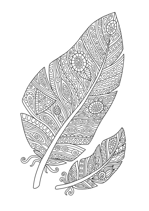 Adult coloring page feathers doodle art diy coloring poster printable pdf instant download