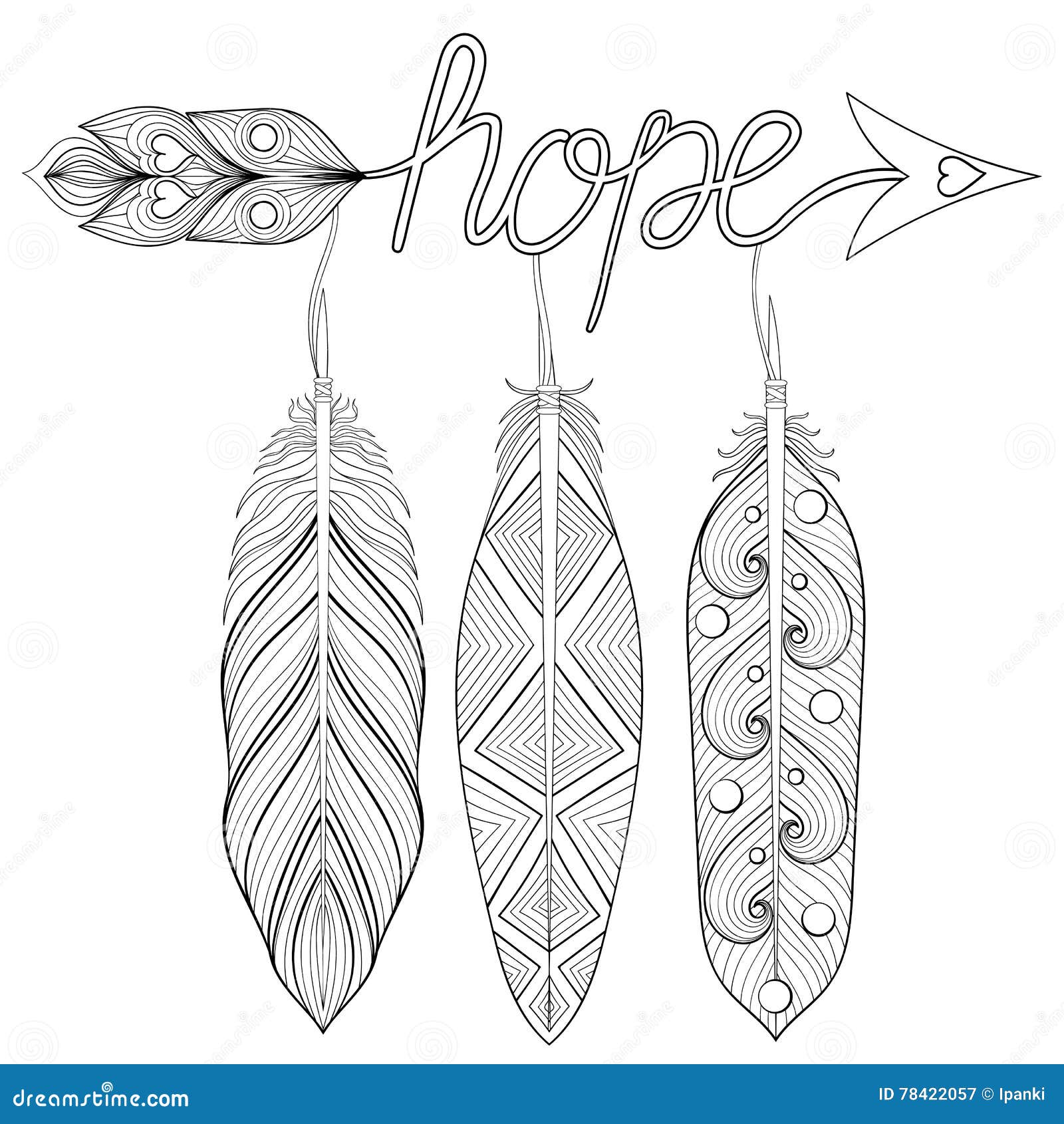 Bohemian arrow hand drawn amulet with letters hope with feather decorative arrows for adult coloring pages ethnic patterned t stock vector