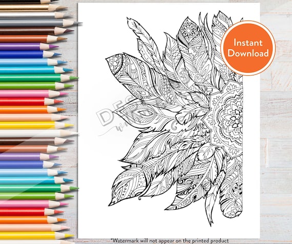 Printable mandala feathers digital coloring page instant download
