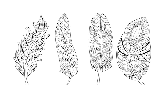 Premium vector collection of stylized feathers black and white tribal artistically drawn feather pattern for coloring page tattoo design vector illustration isolated on a white background