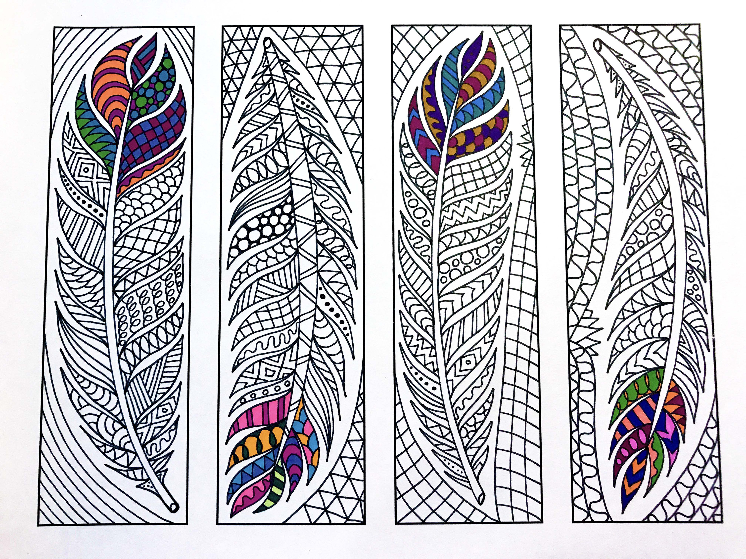 Feather bookmarks â pdf zentangle coloring page â scribble stitch